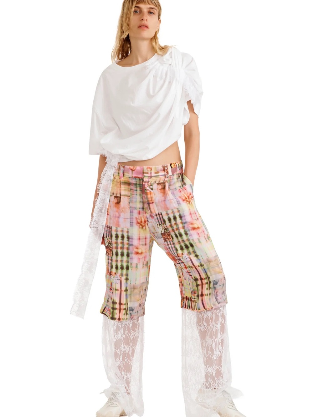 Collina Strada White Lace Eva Tee Asymmetric Draped Cotton T-Shirt Whimsy